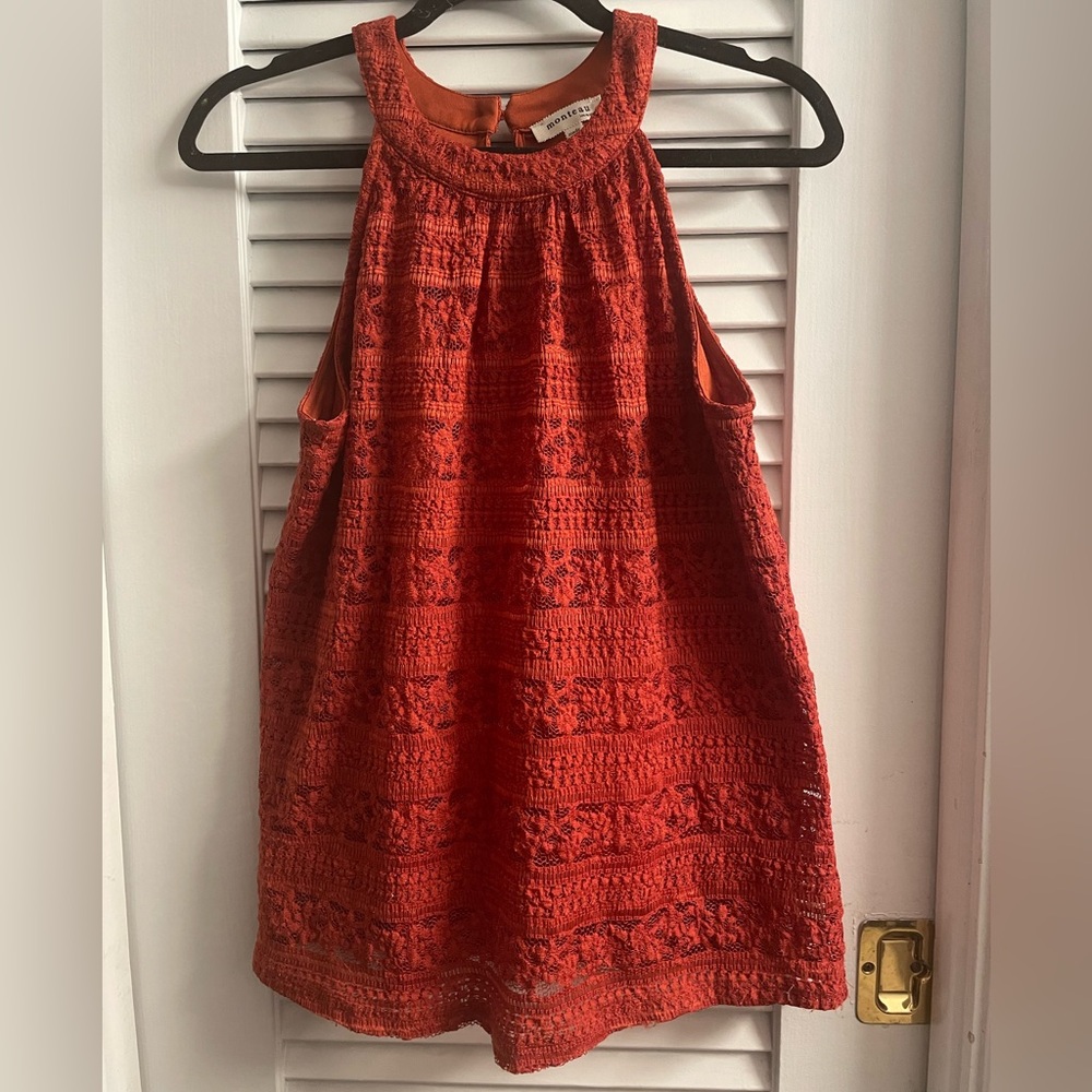 Monteau Los Angeles Size M Red Crochet/Lace High Neck Tank Great Condition!